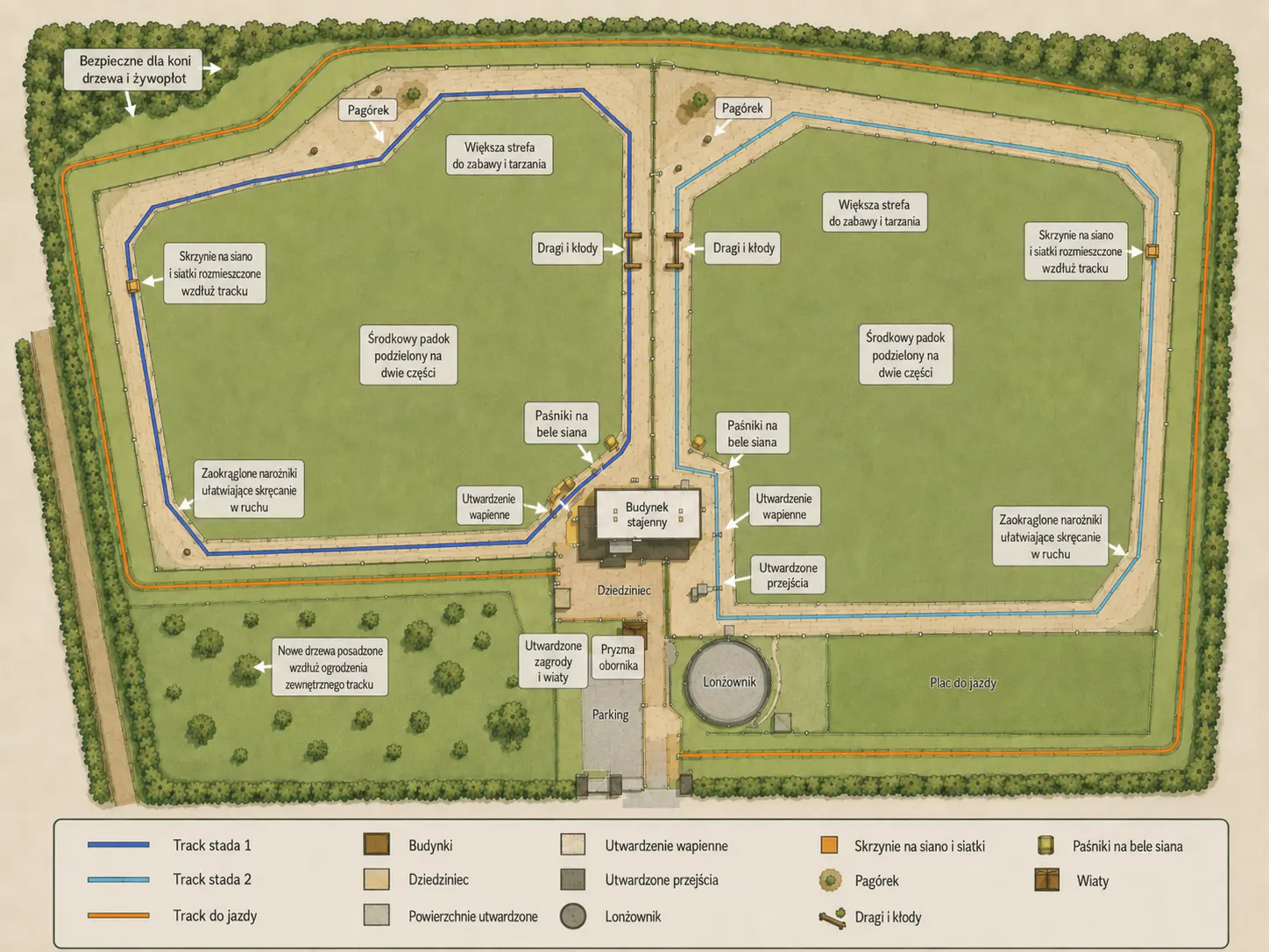 Ilustrowany plan Abbotts View Livery z dwoma trackami, środkowymi padokami, budynkiem, placem i trackiem do jazdy
