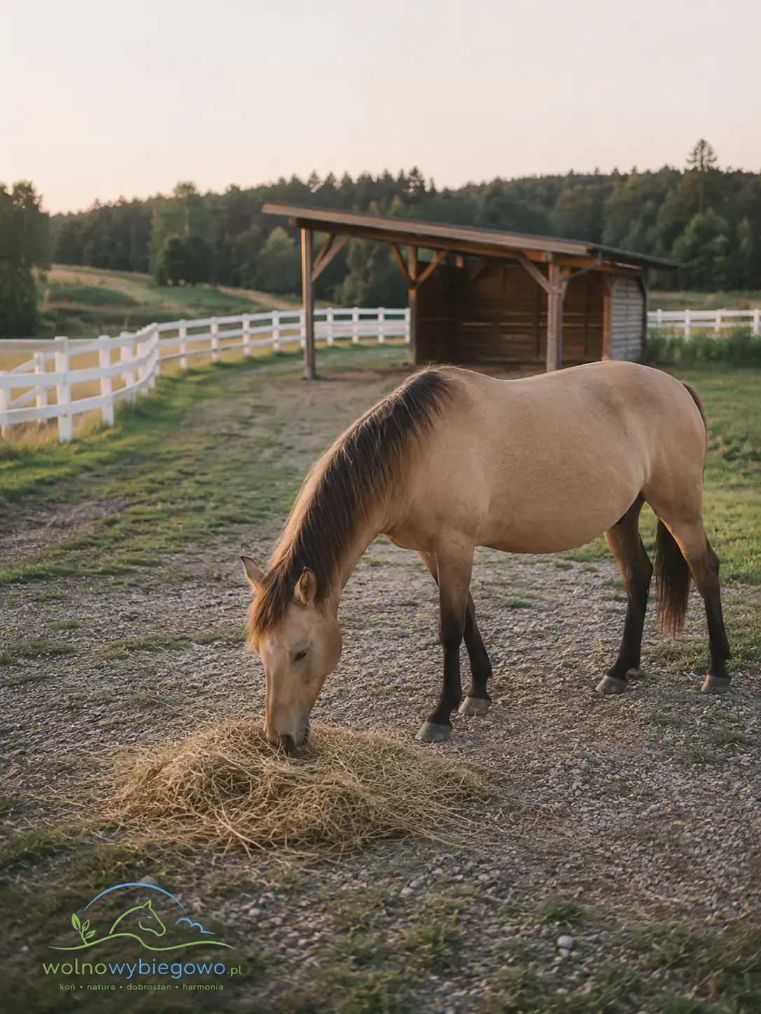 Koń jedzący siano z jednego z punktów żywienia na tracku