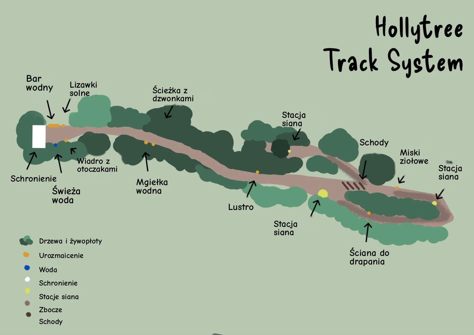 Plan Hollytree Track System z zaznaczonym schronieniem, wodą, stacjami siana, schodami i elementami urozmaicającymi